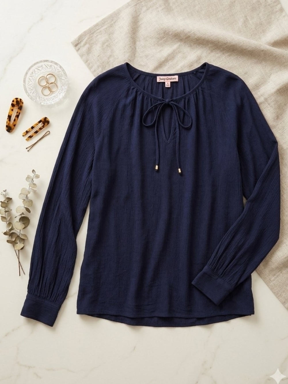 Juicy Couture Long Sleeve Gauze Peasant Top in deep navy blue. Large 12/14